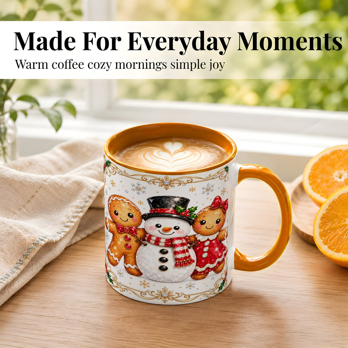 #pl[11oz|Orange] Gingerbread Snowman Coffee Mug, Jeweled Christmas Mug, Ceramic Cup