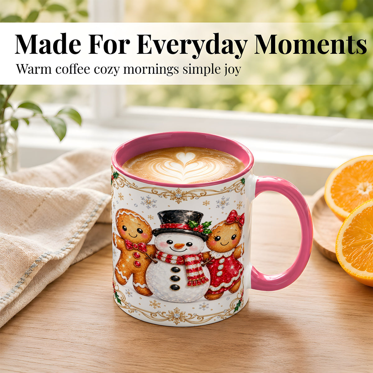 #pl[11oz|Pink] Gingerbread Snowman Coffee Mug, Jeweled Christmas Mug, Ceramic Cup