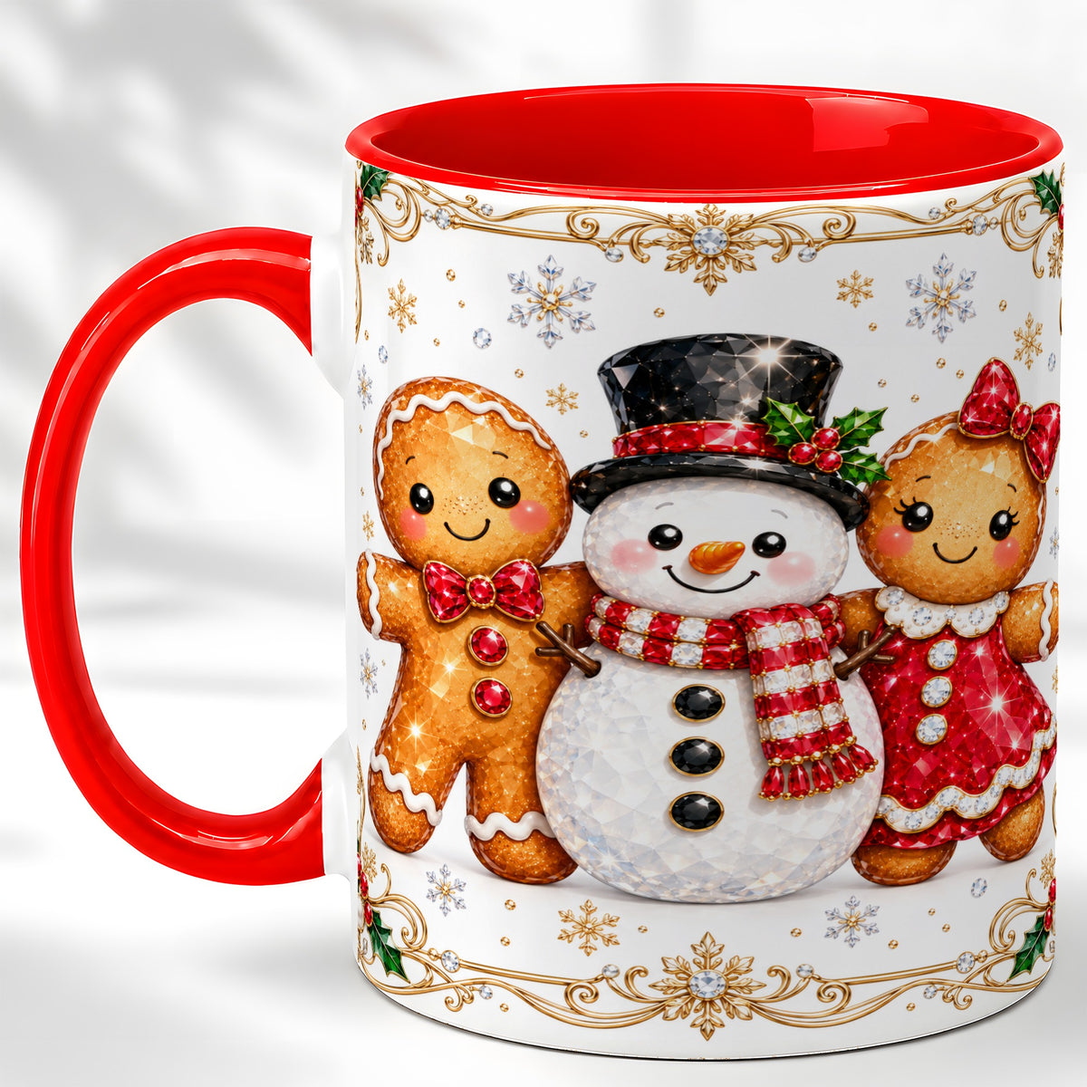 Gingerbread Snowman Coffee Mug, Jeweled Christmas Mug, Ceramic Cup