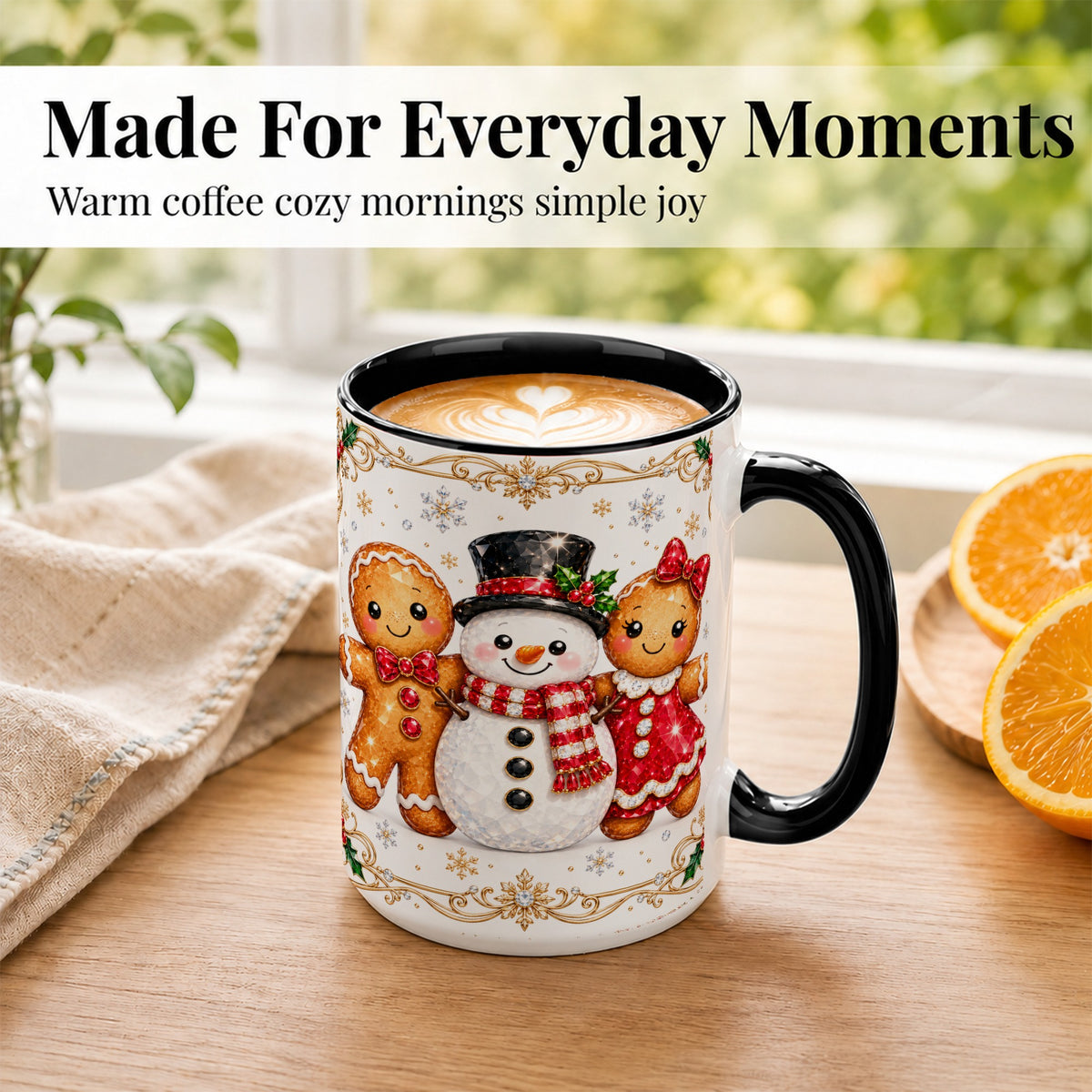 #pl[15oz|Black] Gingerbread Snowman Coffee Mug, Jeweled Christmas Mug, Ceramic Cup
