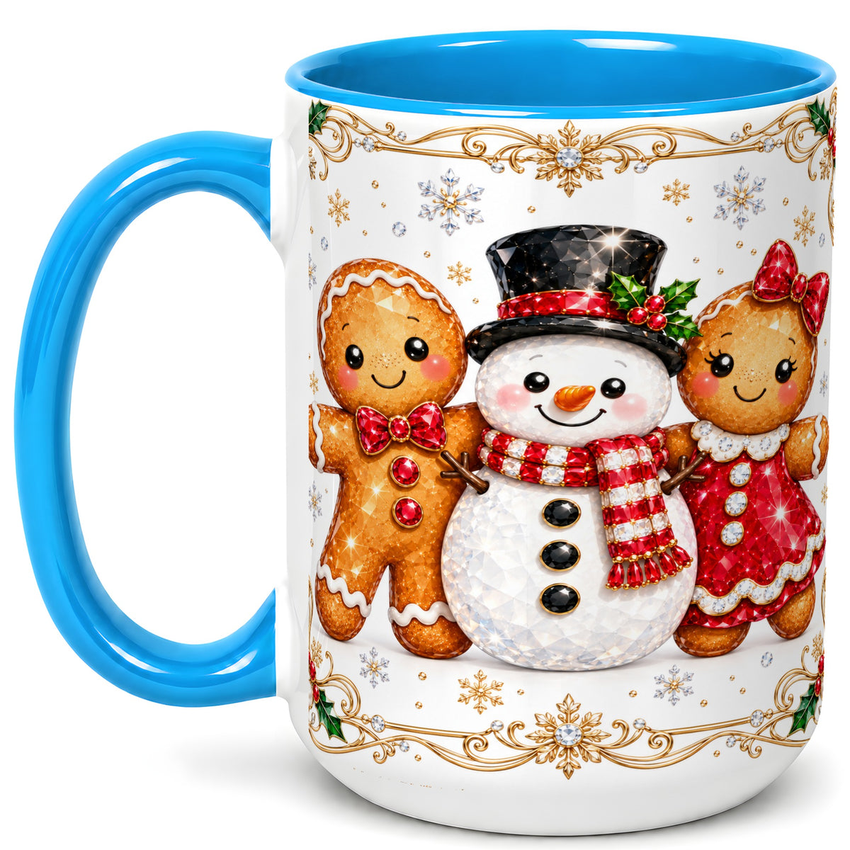 #pl[15oz|Blue] Gingerbread Snowman Coffee Mug, Jeweled Christmas Mug, Ceramic Cup