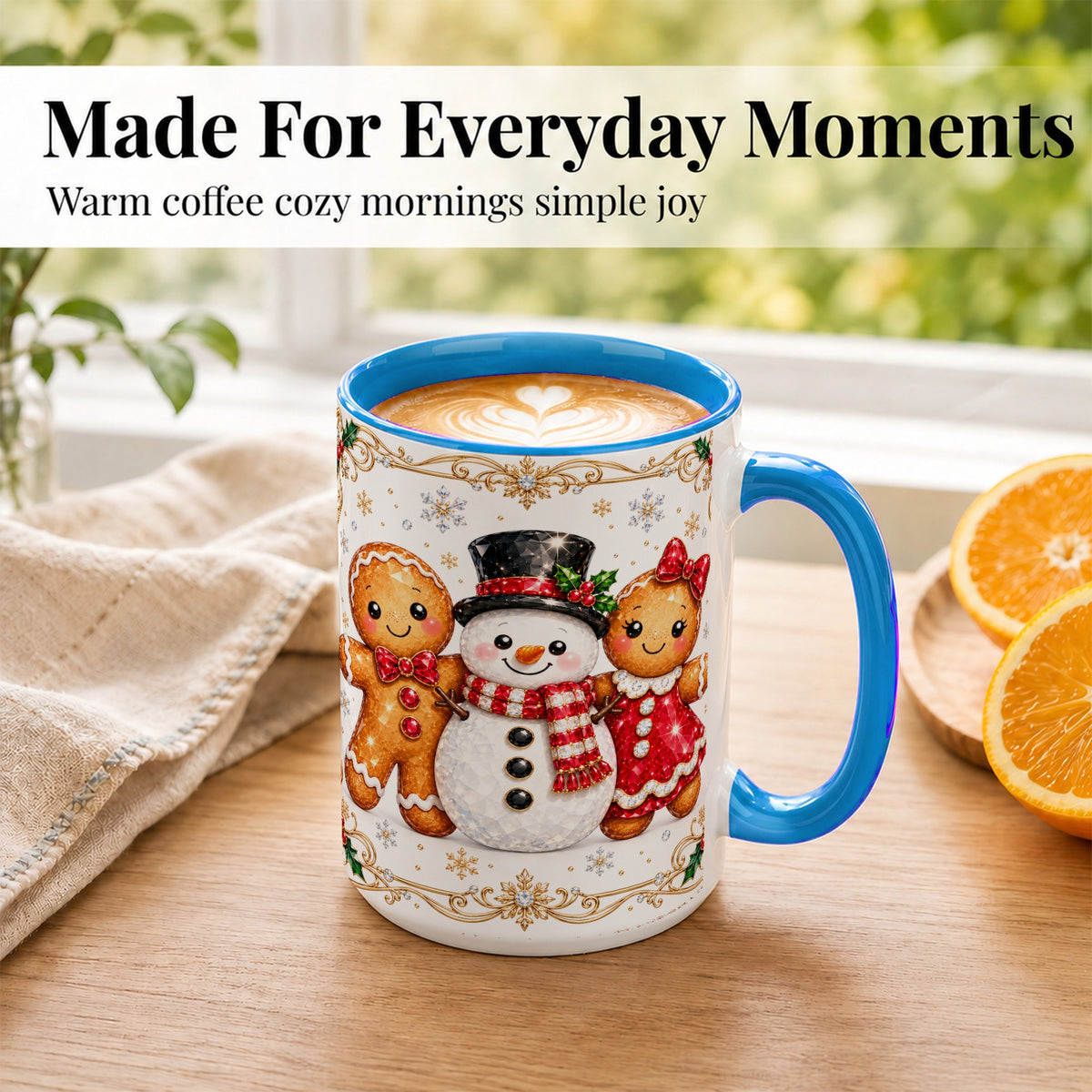 #pl[15oz|Blue] Gingerbread Snowman Coffee Mug, Jeweled Christmas Mug, Ceramic Cup