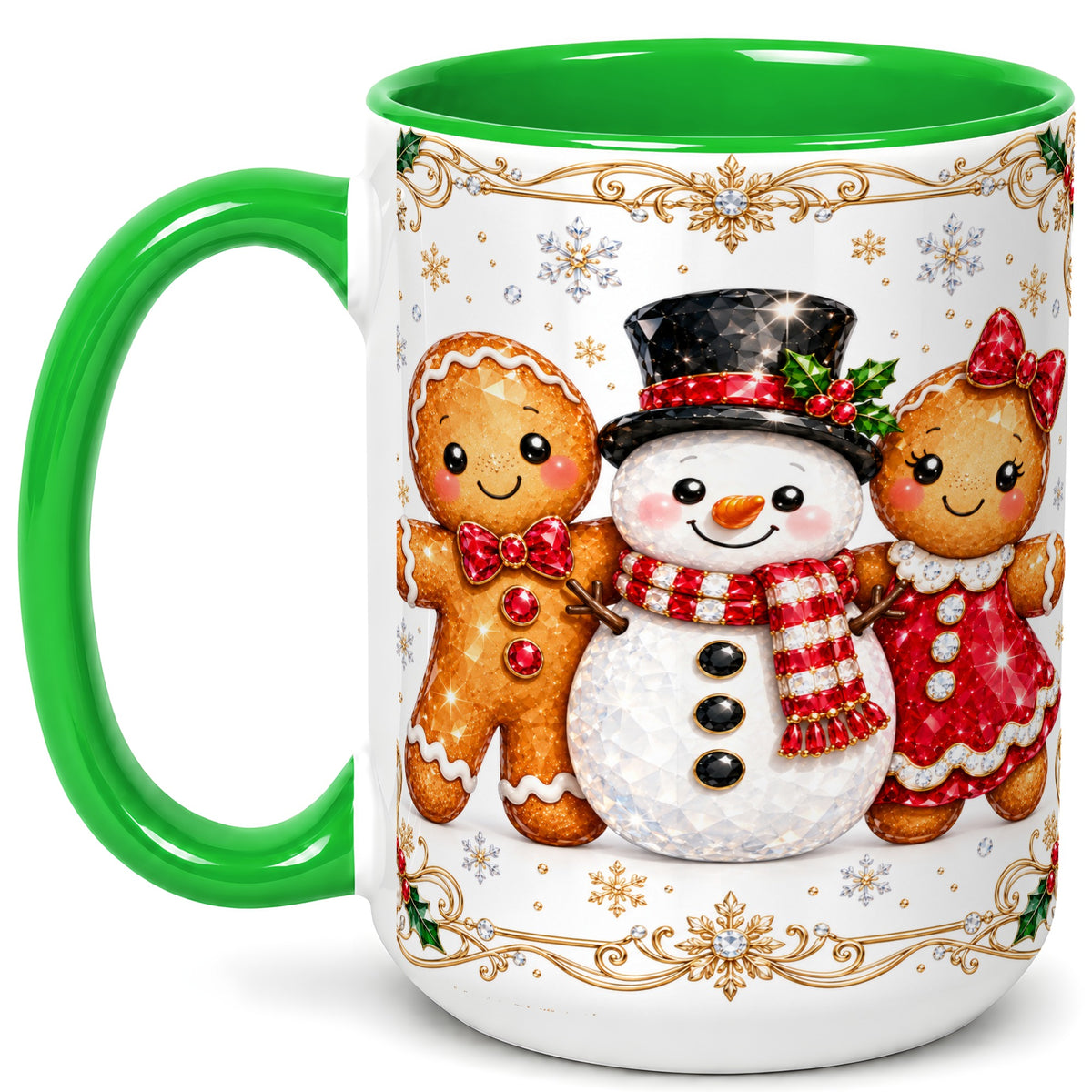 #pl[15oz|Green] Gingerbread Snowman Coffee Mug, Jeweled Christmas Mug, Ceramic Cup