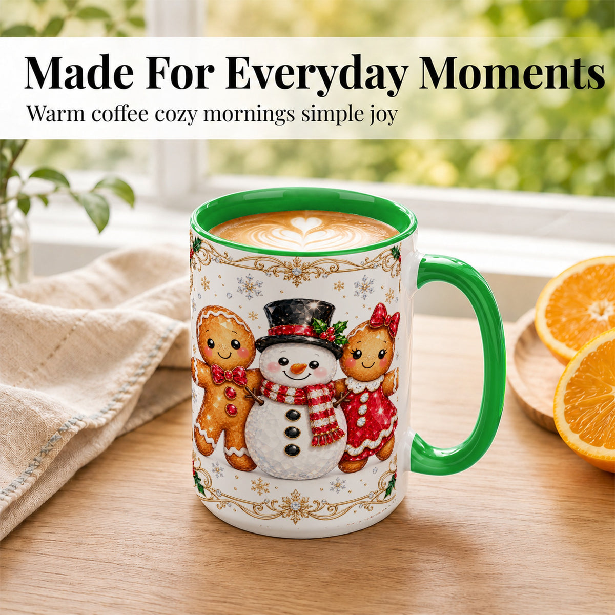 #pl[15oz|Green] Gingerbread Snowman Coffee Mug, Jeweled Christmas Mug, Ceramic Cup