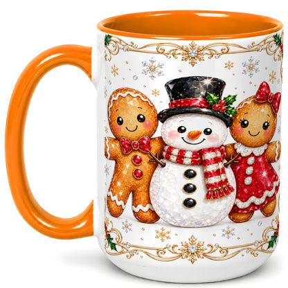 #pl[15oz|Orange] Gingerbread Snowman Coffee Mug, Jeweled Christmas Mug, Ceramic Cup
