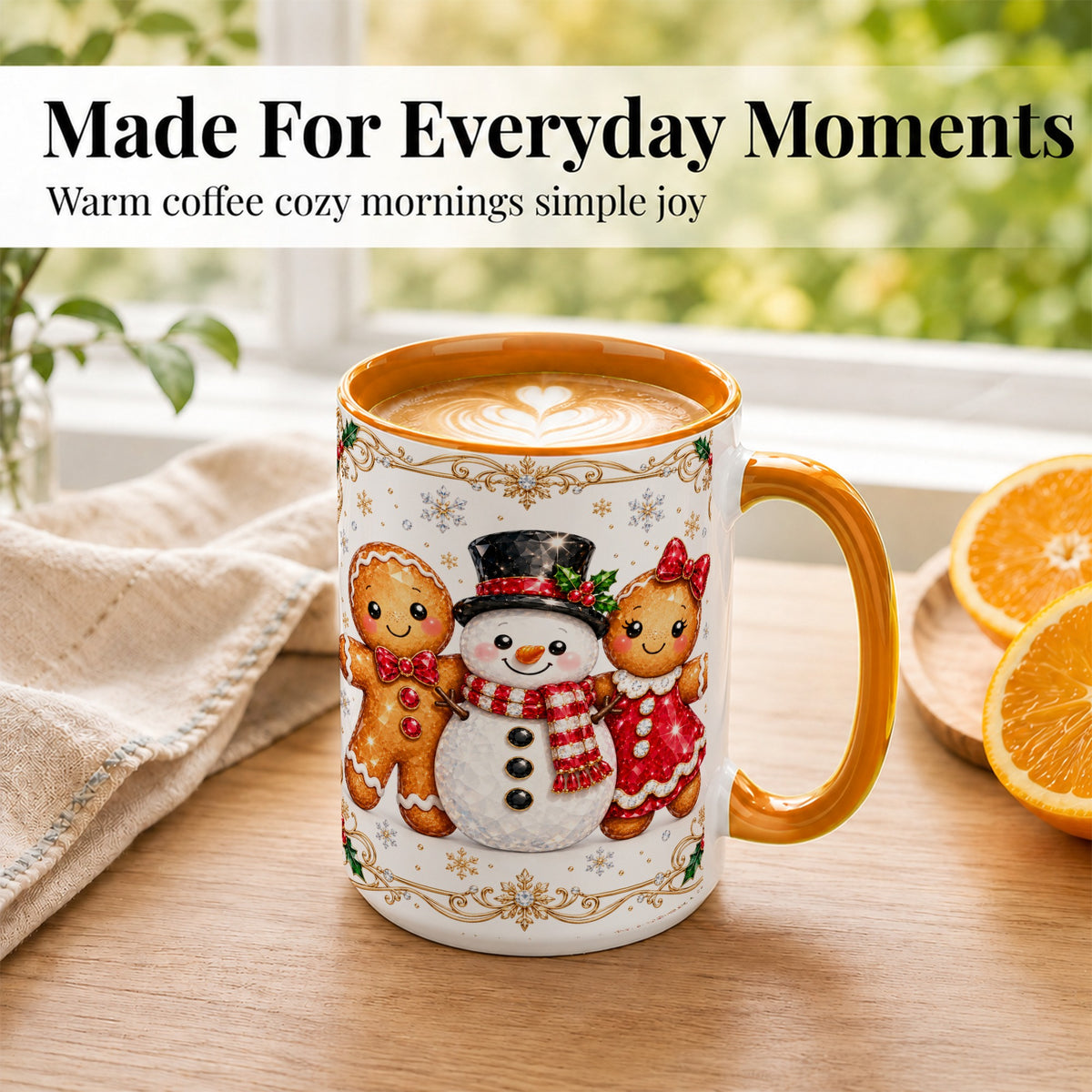 #pl[15oz|Orange] Gingerbread Snowman Coffee Mug, Jeweled Christmas Mug, Ceramic Cup