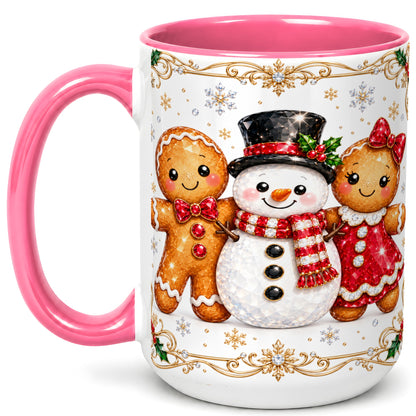 #pl[15oz|Pink] Gingerbread Snowman Coffee Mug, Jeweled Christmas Mug, Ceramic Cup