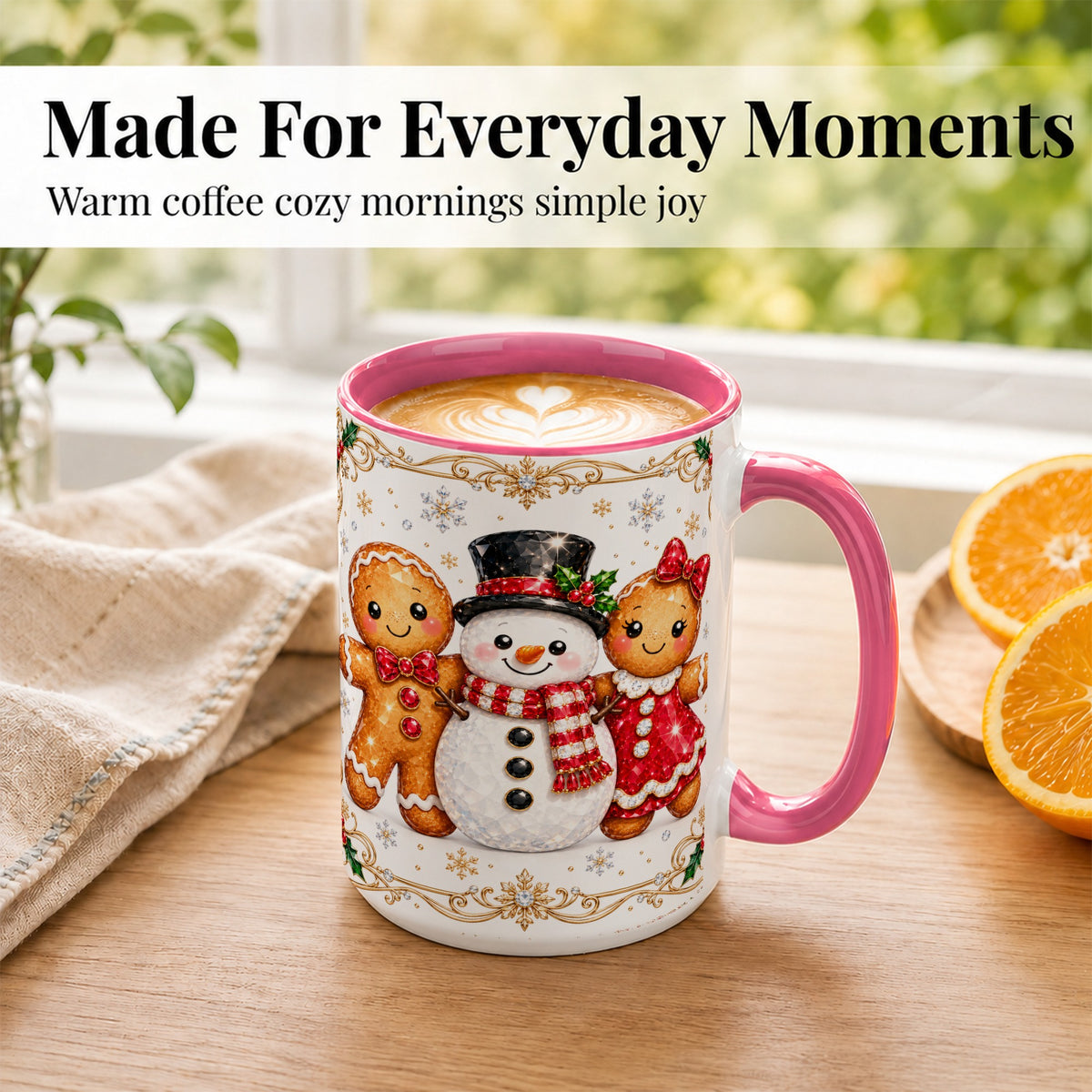#pl[15oz|Pink] Gingerbread Snowman Coffee Mug, Jeweled Christmas Mug, Ceramic Cup