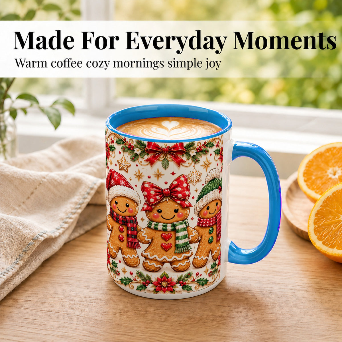 #pl[15oz|Blue] Gingerbread Family Coffee Mug, Christmas Cookie Mug, Ceramic Cup
