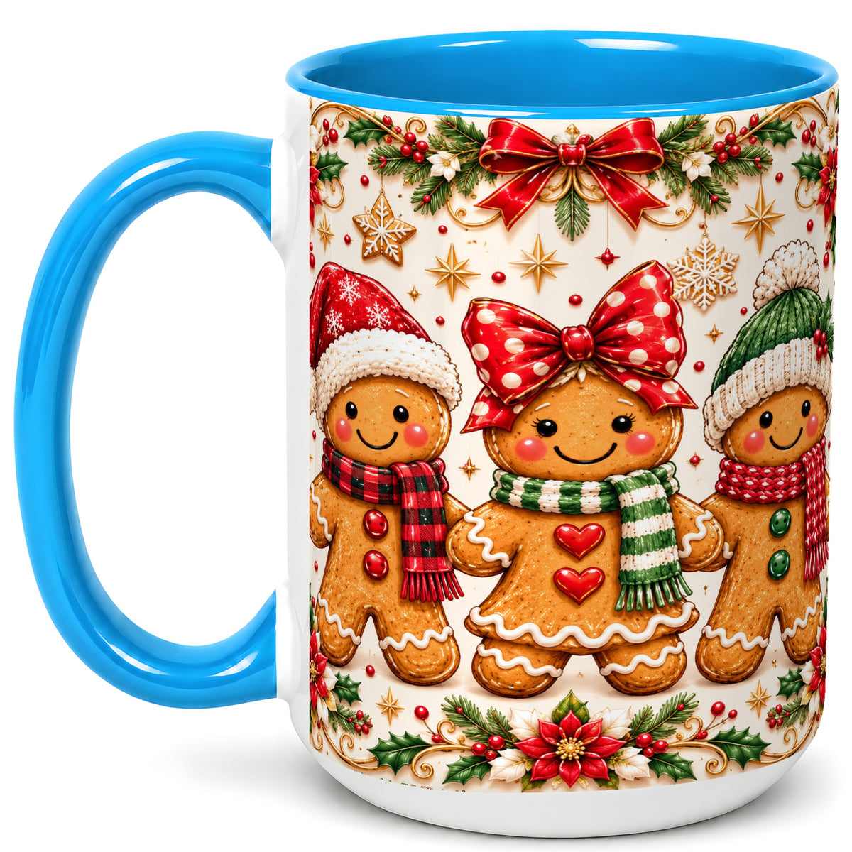 #pl[15oz|Blue] Gingerbread Family Coffee Mug, Christmas Cookie Mug, Ceramic Cup