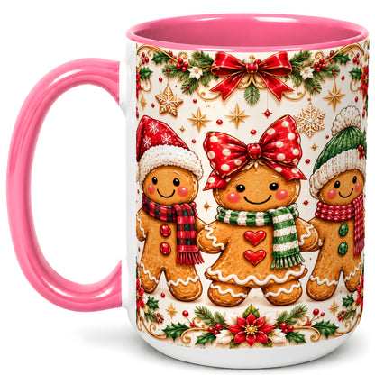 #pl[15oz|Pink] Gingerbread Family Coffee Mug, Christmas Cookie Mug, Ceramic Cup