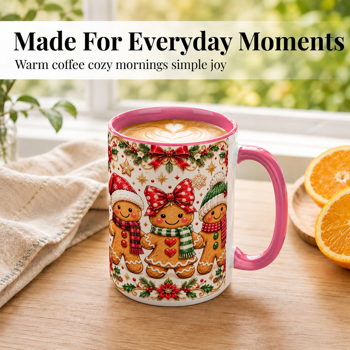 #pl[15oz|Pink] Gingerbread Family Coffee Mug, Christmas Cookie Mug, Ceramic Cup