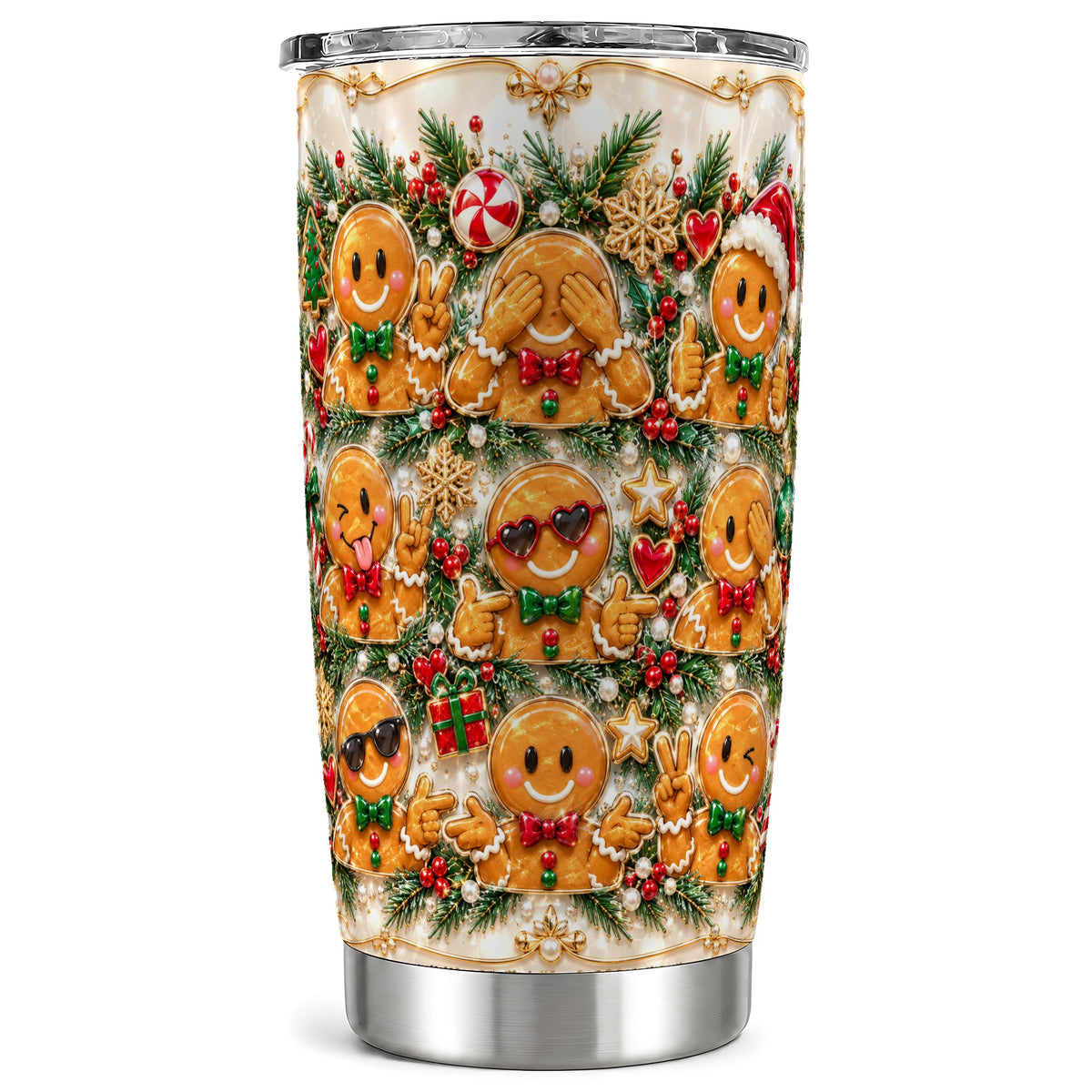 Festive Gingerbread Tumbler 20oz, Christmas Tumbler, Steel Travel Cup