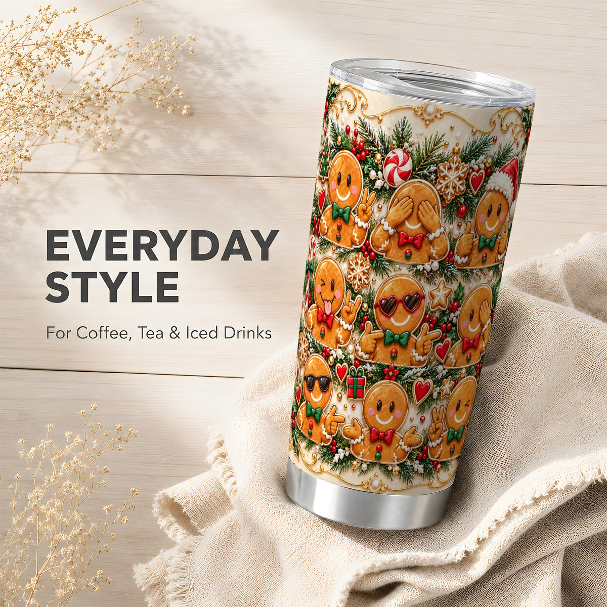 Gingerbread Tumbler 20oz, Christmas Tumbler, Stainless Steel Travel Cup