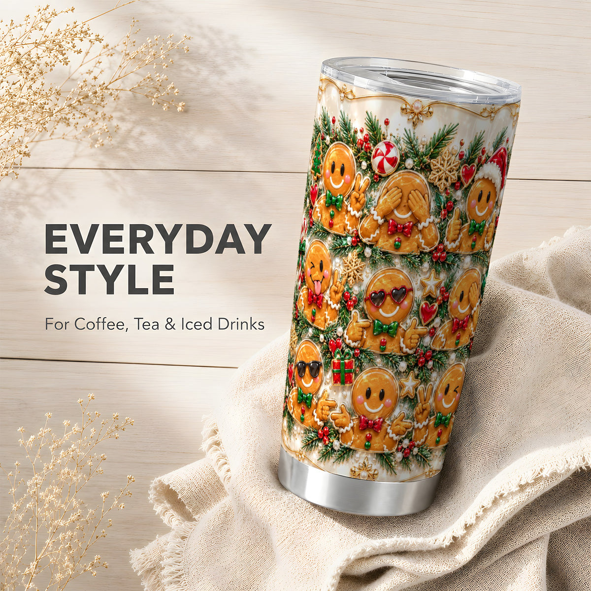 Festive Gingerbread Tumbler 20oz, Christmas Tumbler, Steel Travel Cup