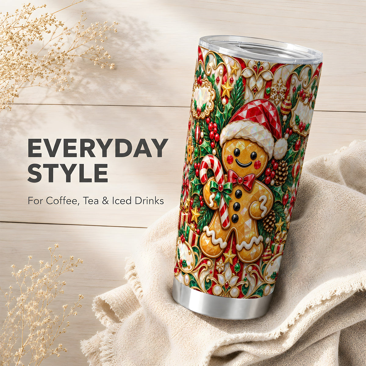 Gem Gingerbread Tumbler 20oz, Christmas Tumbler, Stainless Steel Travel Cup