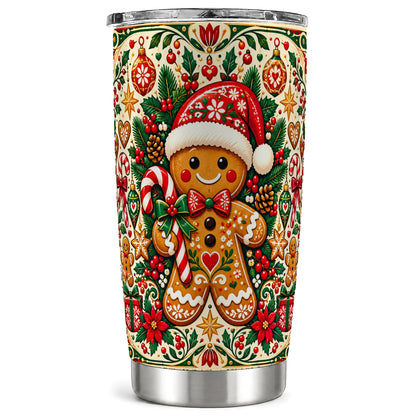 Folk Gingerbread Tumbler 20oz, Christmas Tumbler, Steel Travel Cup