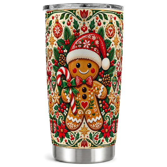 Folk Gingerbread Tumbler 20oz, Christmas Tumbler, Steel Travel Cup