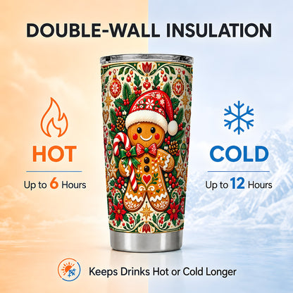 Folk Gingerbread Tumbler 20oz, Christmas Tumbler, Steel Travel Cup