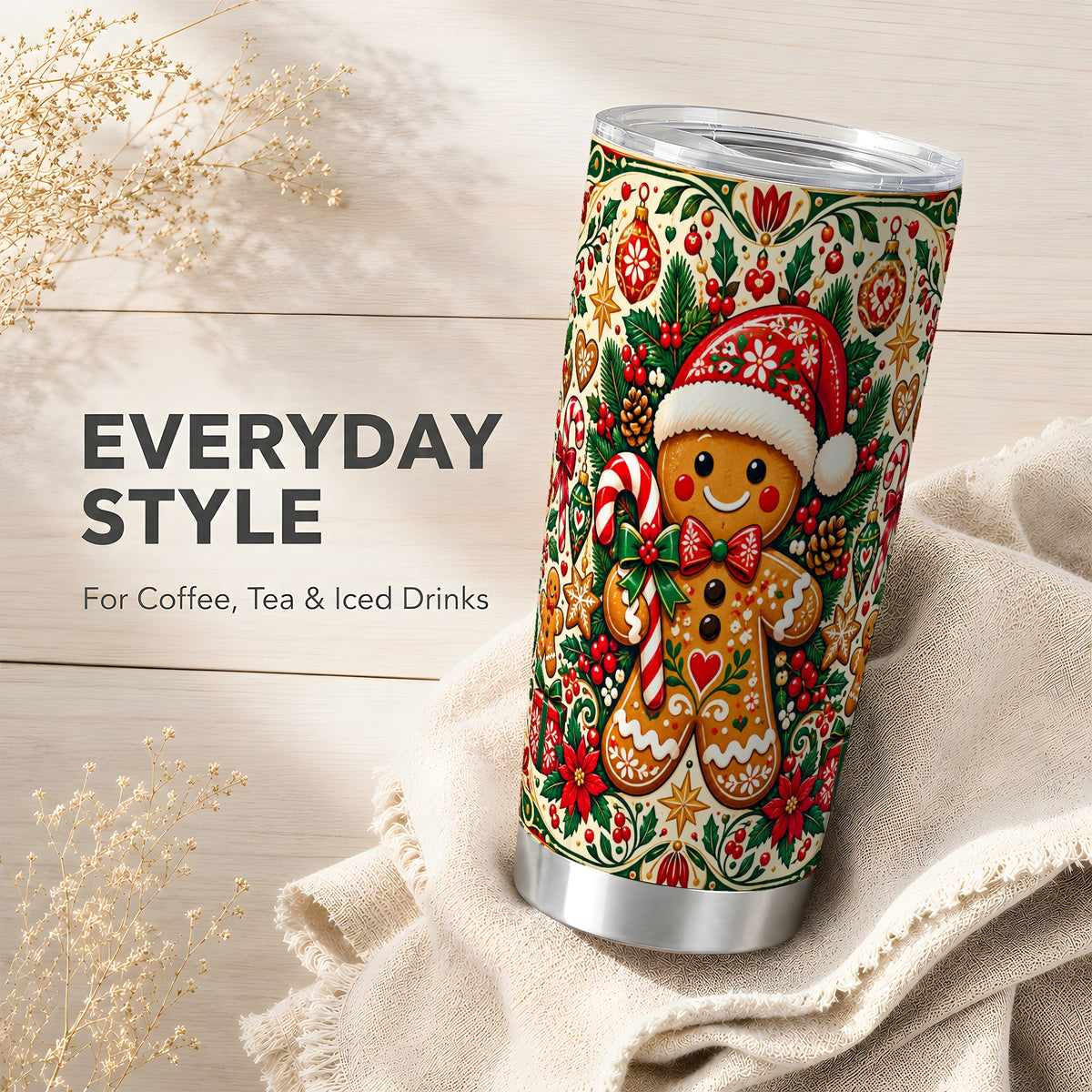 Folk Gingerbread Tumbler 20oz, Christmas Tumbler, Steel Travel Cup