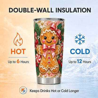 Gingerbread Tumbler 20oz, Christmas Tumbler, Stainless Steel Travel Cup
