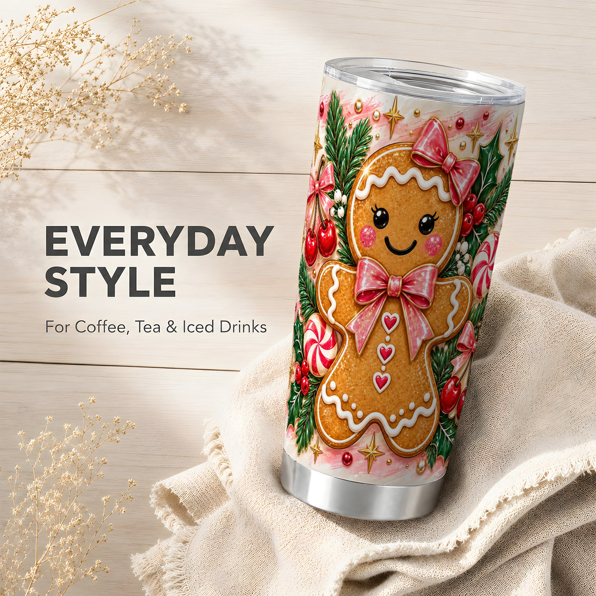 Gingerbread Tumbler 20oz, Festive Tumbler, Stainless Steel Travel Cup
