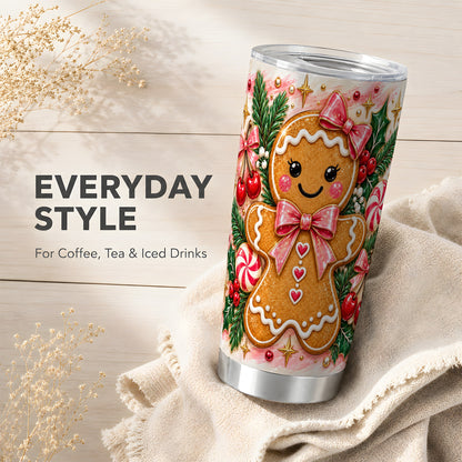Gingerbread Tumbler 20oz, Festive Tumbler, Stainless Steel Travel Cup