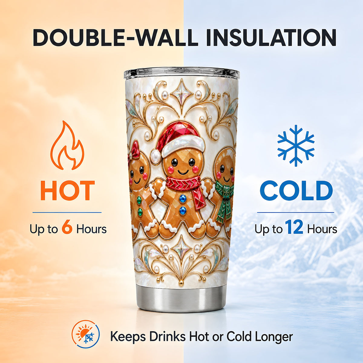 Gingerbread Trio Tumbler 20oz, Holiday Tumbler, Stainless Steel Travel Cup