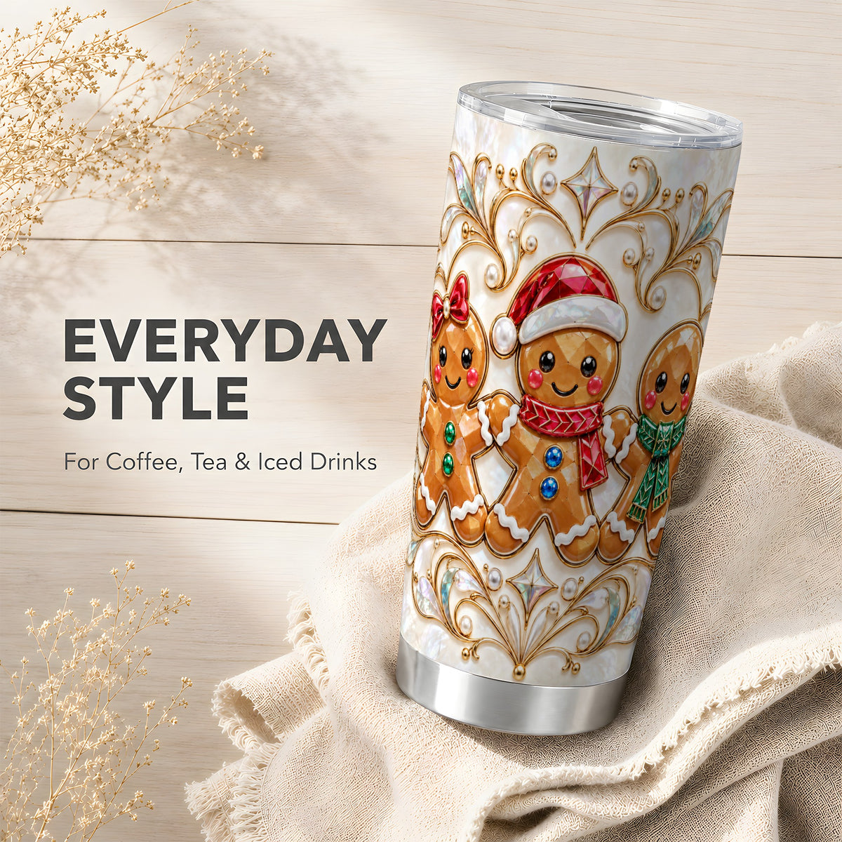 Gingerbread Trio Tumbler 20oz, Holiday Tumbler, Stainless Steel Travel Cup