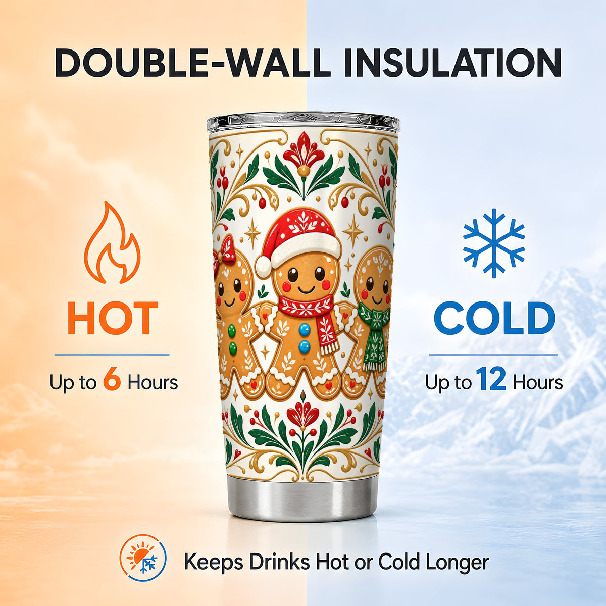 Folk Gingerbread Tumbler 20oz, Holiday Tumbler, Stainless Steel Travel Cup