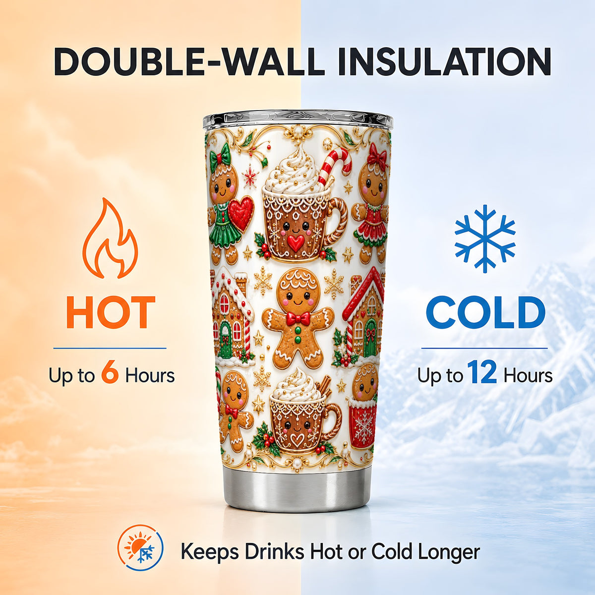 Gingerbread Village Tumbler 20oz, Xmas Tumbler, Stainless Steel Travel Cup