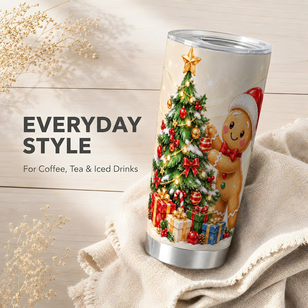 Christmas Tumbler 20oz, Gingerbread Tumbler, Stainless Steel Travel Cup