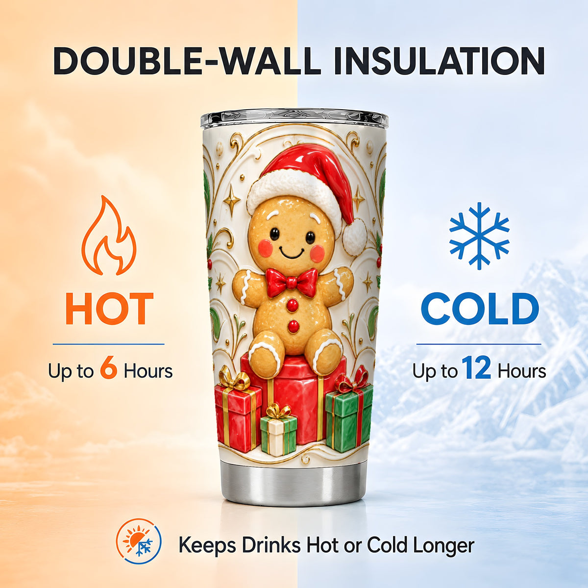 Santa Gingerbread Tumbler 20oz, Holiday Tumbler, Stainless Steel Travel Cup