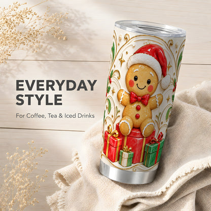 Santa Gingerbread Tumbler 20oz, Holiday Tumbler, Stainless Steel Travel Cup