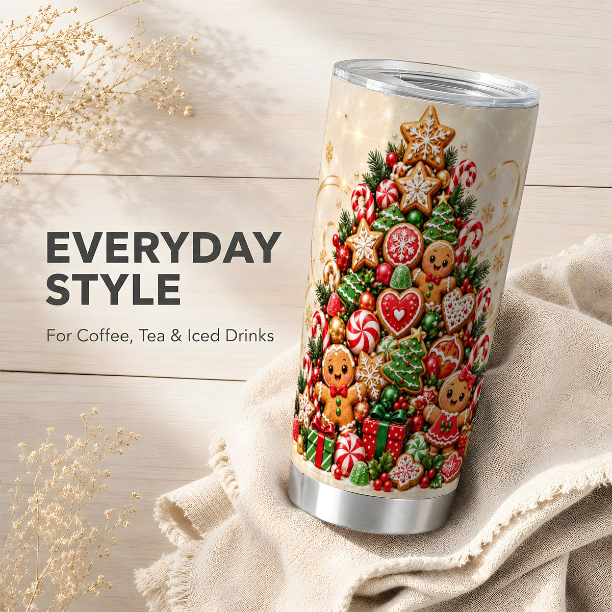 Gingerbread Christmas Tree Tumbler 20oz, Holiday Stainless Steel Travel Cup