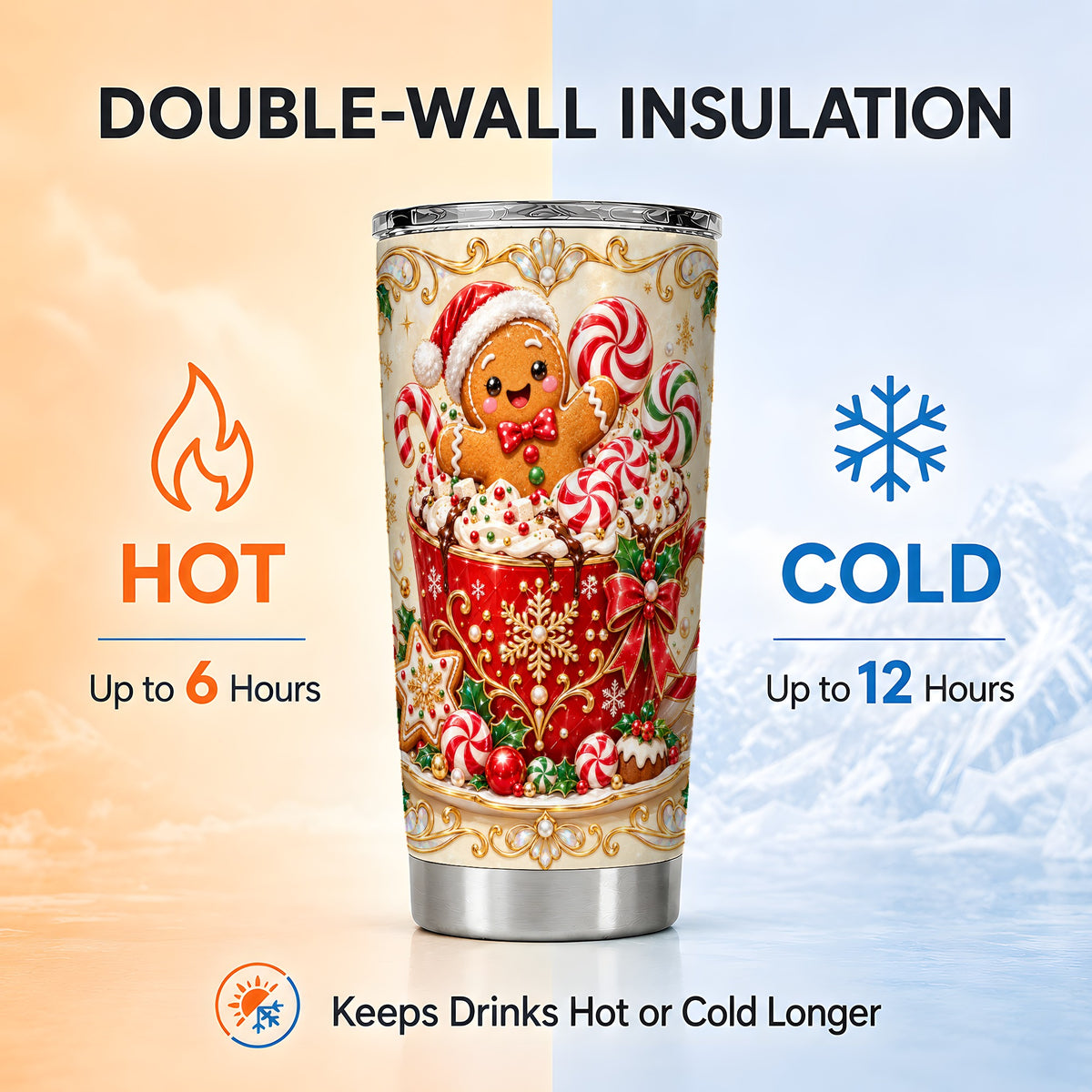 Gingerbread Cocoa Tumbler 20oz, Christmas Stainless Steel Travel Cup