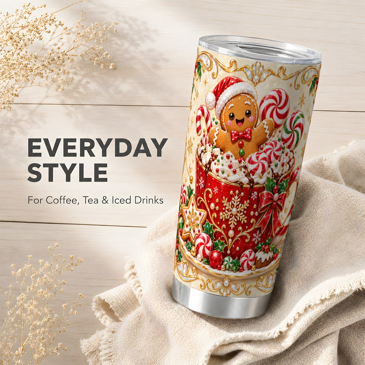 Gingerbread Cocoa Tumbler 20oz, Christmas Stainless Steel Travel Cup