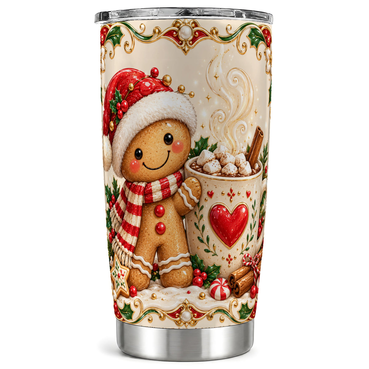 Gingerbread Hot Cocoa Tumbler 20oz, Holiday Stainless Steel Travel Cup