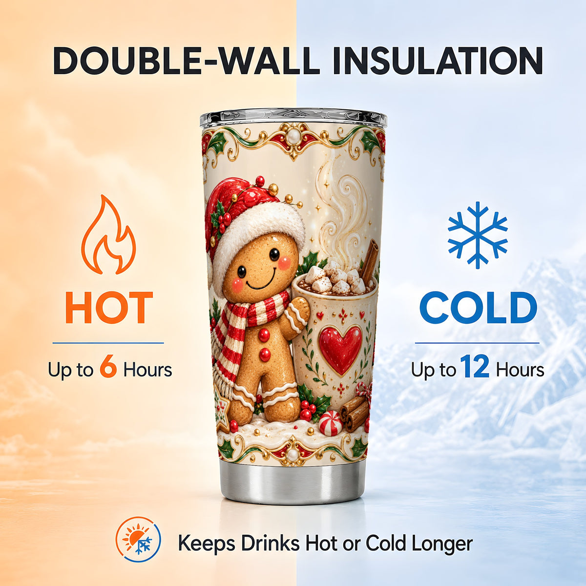 Gingerbread Hot Cocoa Tumbler 20oz, Holiday Stainless Steel Travel Cup