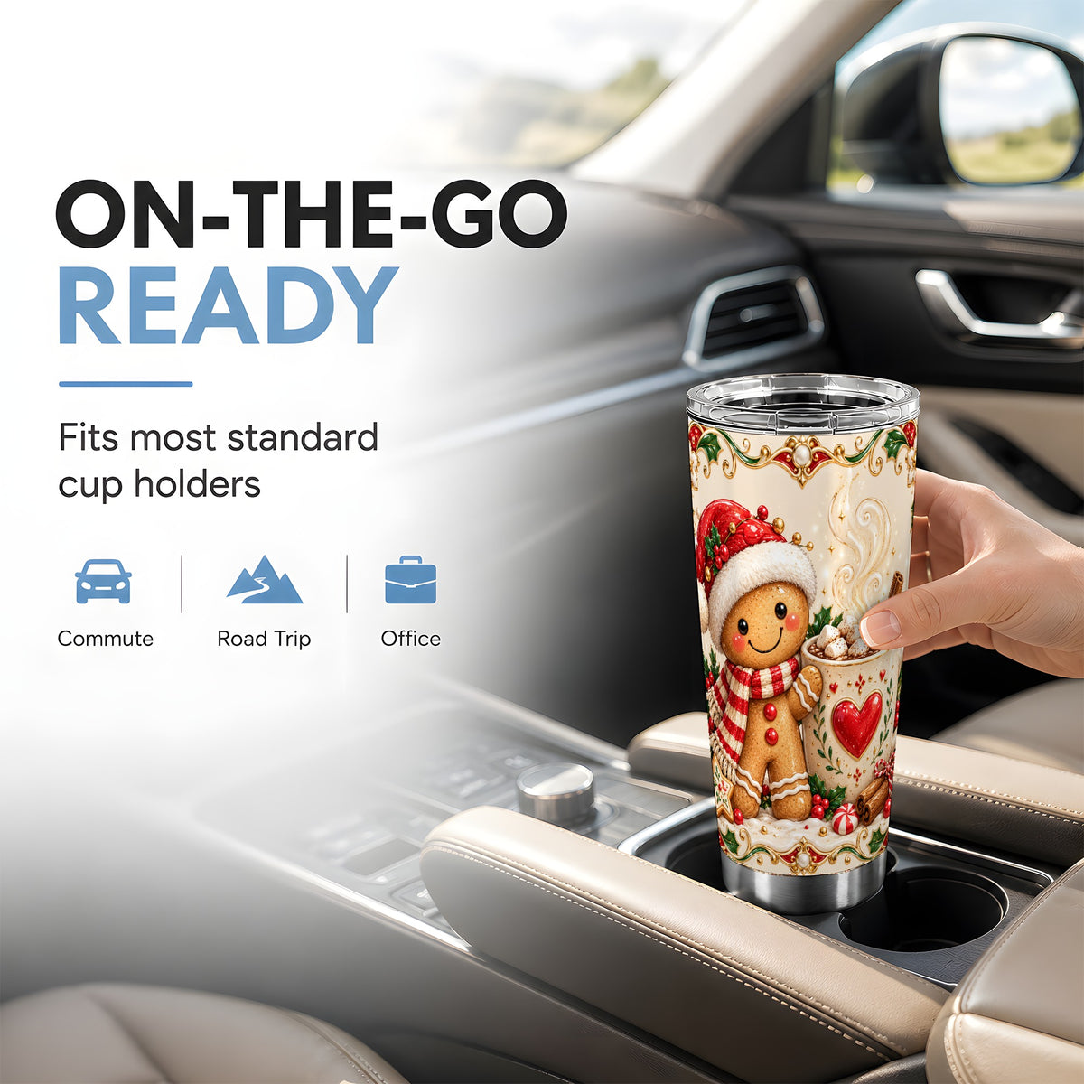Gingerbread Hot Cocoa Tumbler 20oz, Holiday Stainless Steel Travel Cup