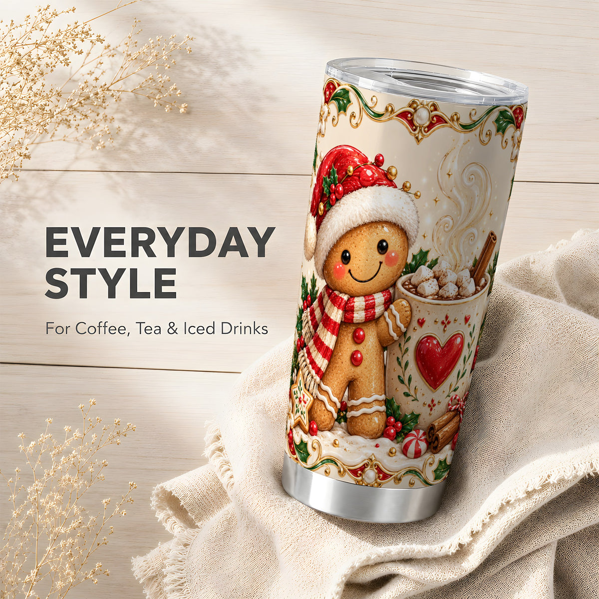 Gingerbread Hot Cocoa Tumbler 20oz, Holiday Stainless Steel Travel Cup