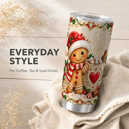 Gingerbread Hot Cocoa Tumbler 20oz, Holiday Stainless Steel Travel Cup
