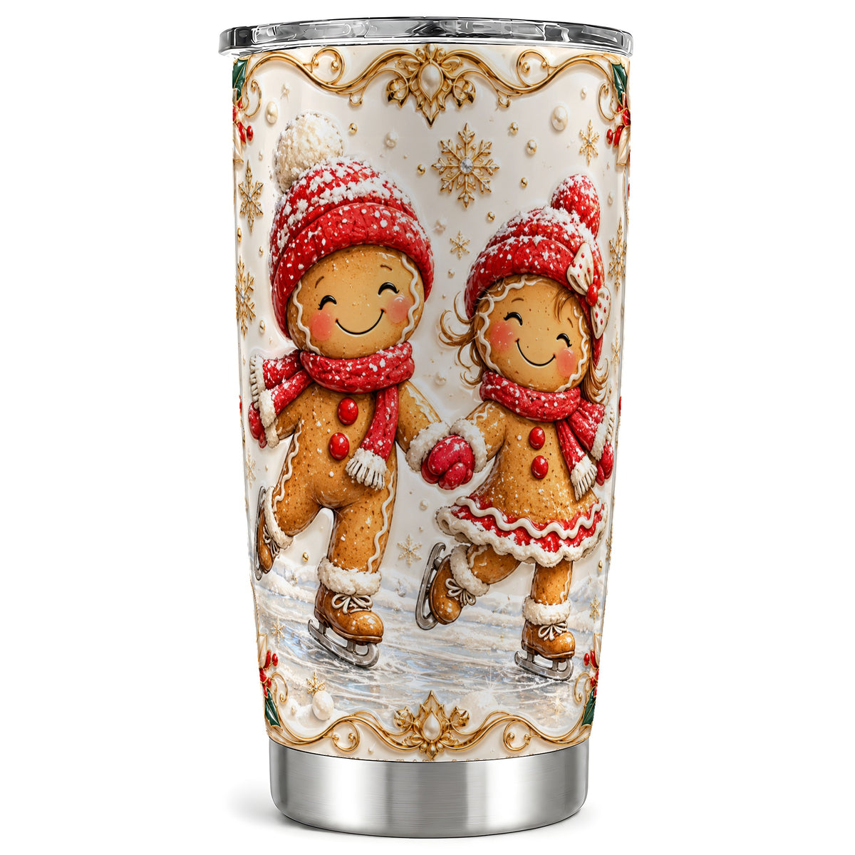 Gingerbread Skaters Tumbler 20oz, Christmas Stainless Steel Travel Cup