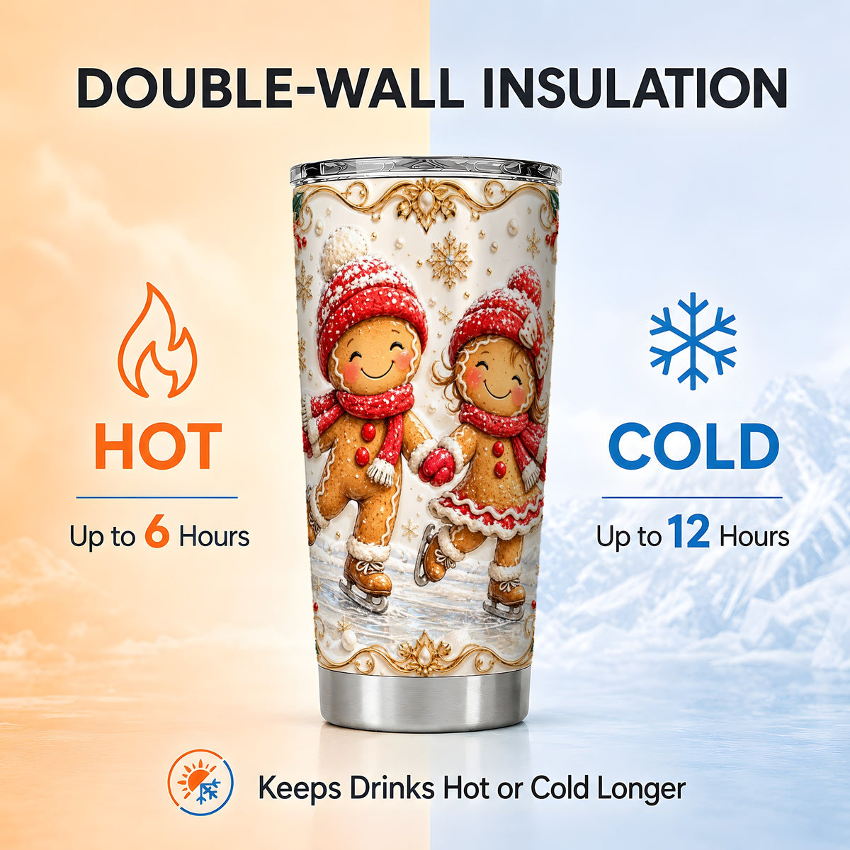 Gingerbread Skaters Tumbler 20oz, Christmas Stainless Steel Travel Cup