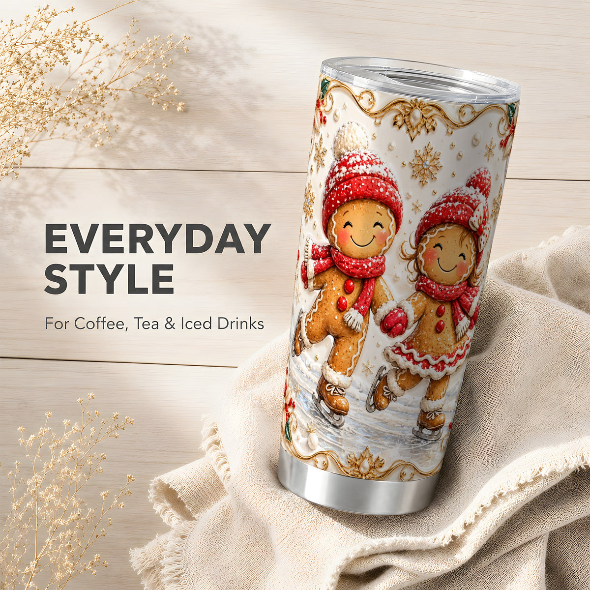 Gingerbread Skaters Tumbler 20oz, Christmas Stainless Steel Travel Cup