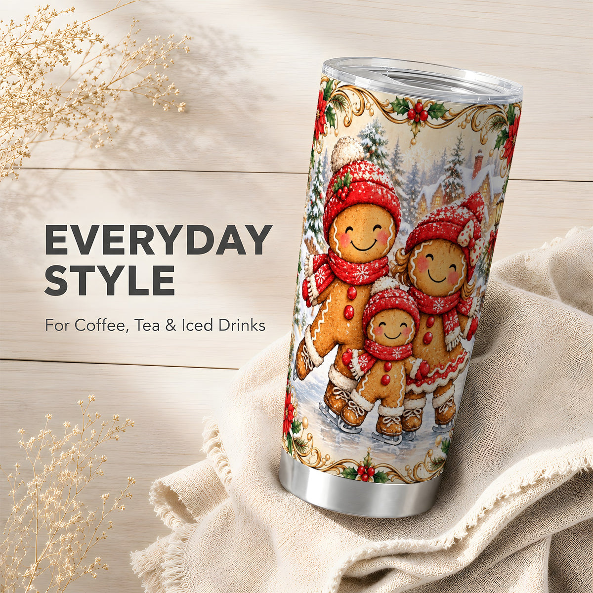 Gingerbread Family Tumbler 20oz, Christmas Stainless Steel Travel Cup