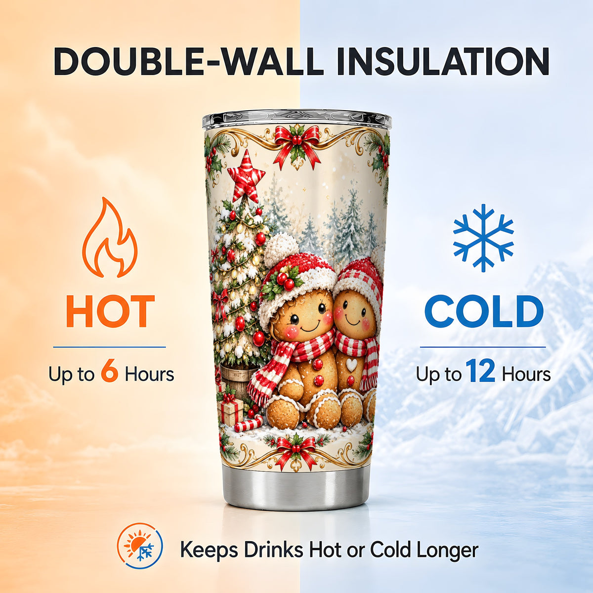 Gingerbread Couple Tumbler 20oz, Christmas Stainless Steel Travel Cup
