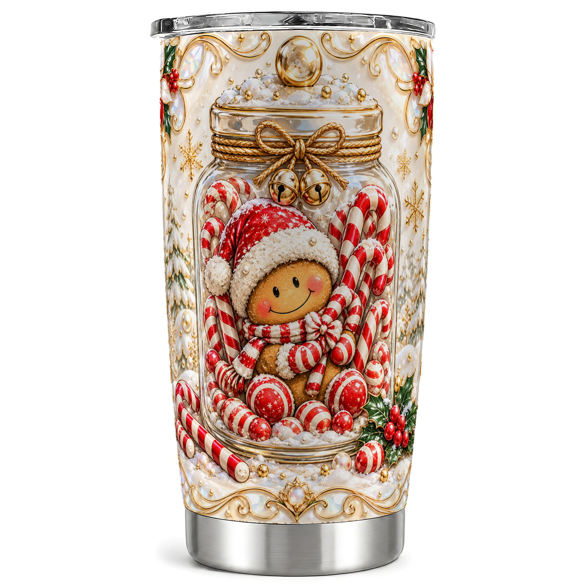 Gingerbread Candy Jar Tumbler 20oz, Christmas Stainless Steel Travel Cup