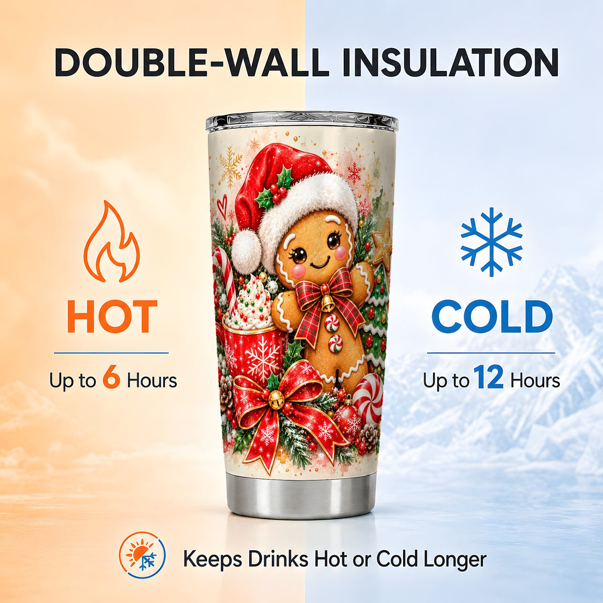 Gingerbread Tumbler 20oz, Holiday Tumbler, Stainless Steel Travel Cup