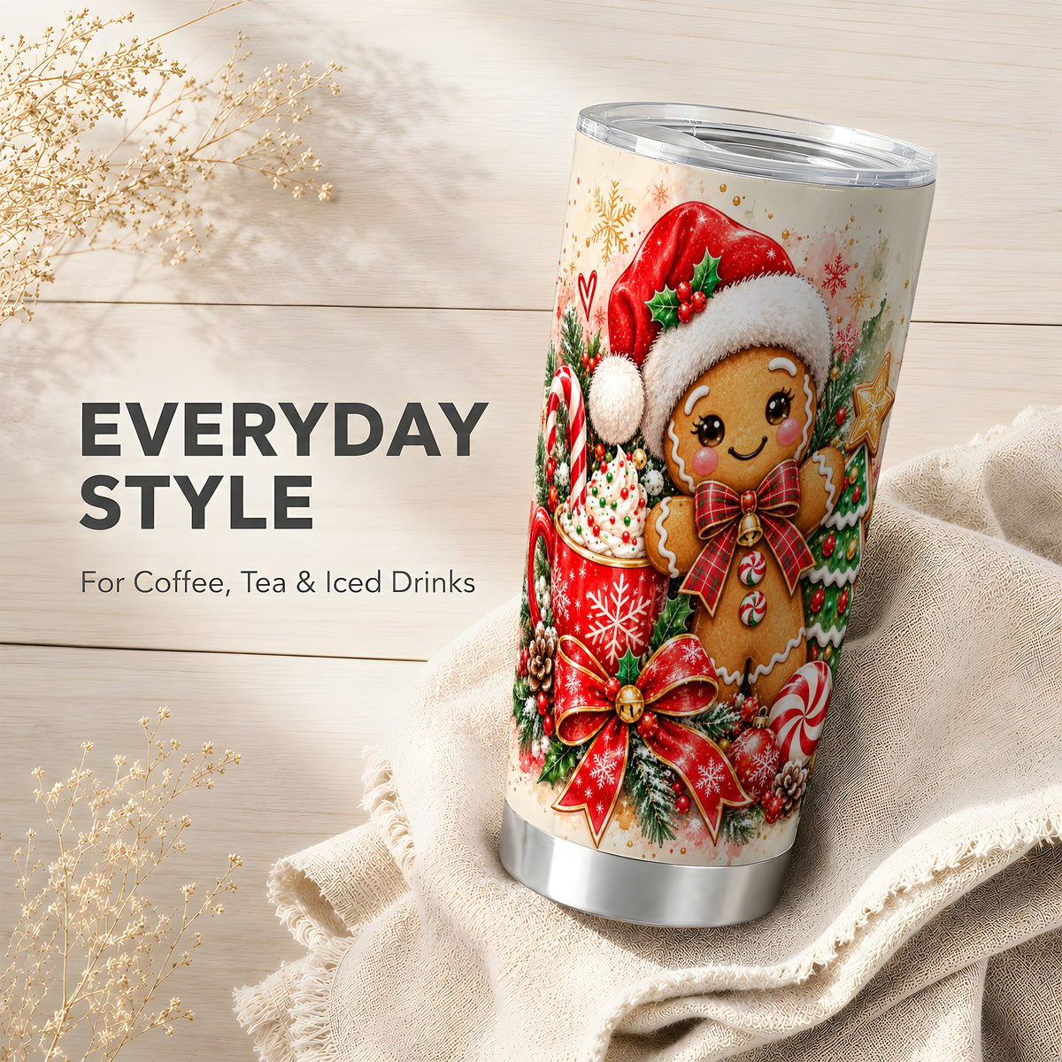 Gingerbread Tumbler 20oz, Holiday Tumbler, Stainless Steel Travel Cup